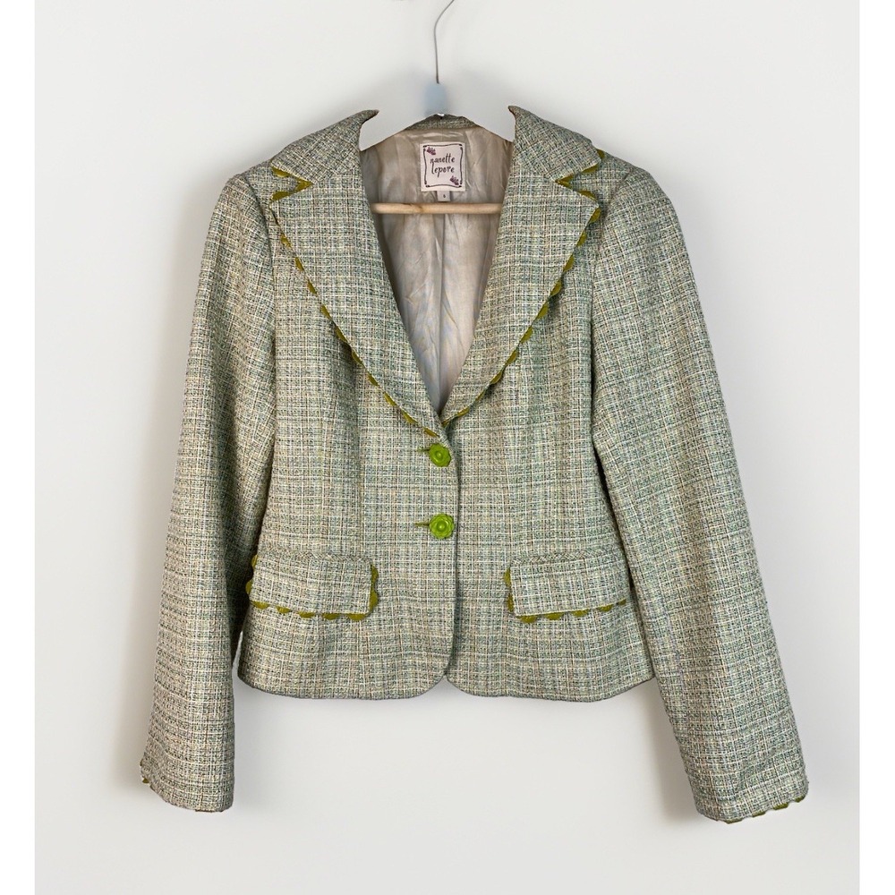 Nanette Lepore Women's 6 Green Tweed Lined Flower Button Scalloped Trim Blazer